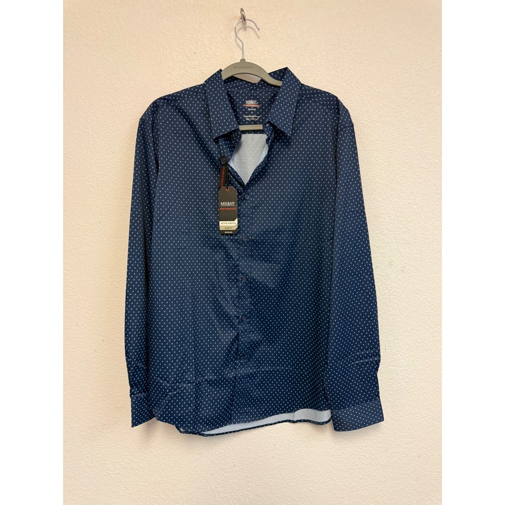 Mix&NY Performance Mens Slim Fit Active Stretch Wicking Shirt Navy Diamond L